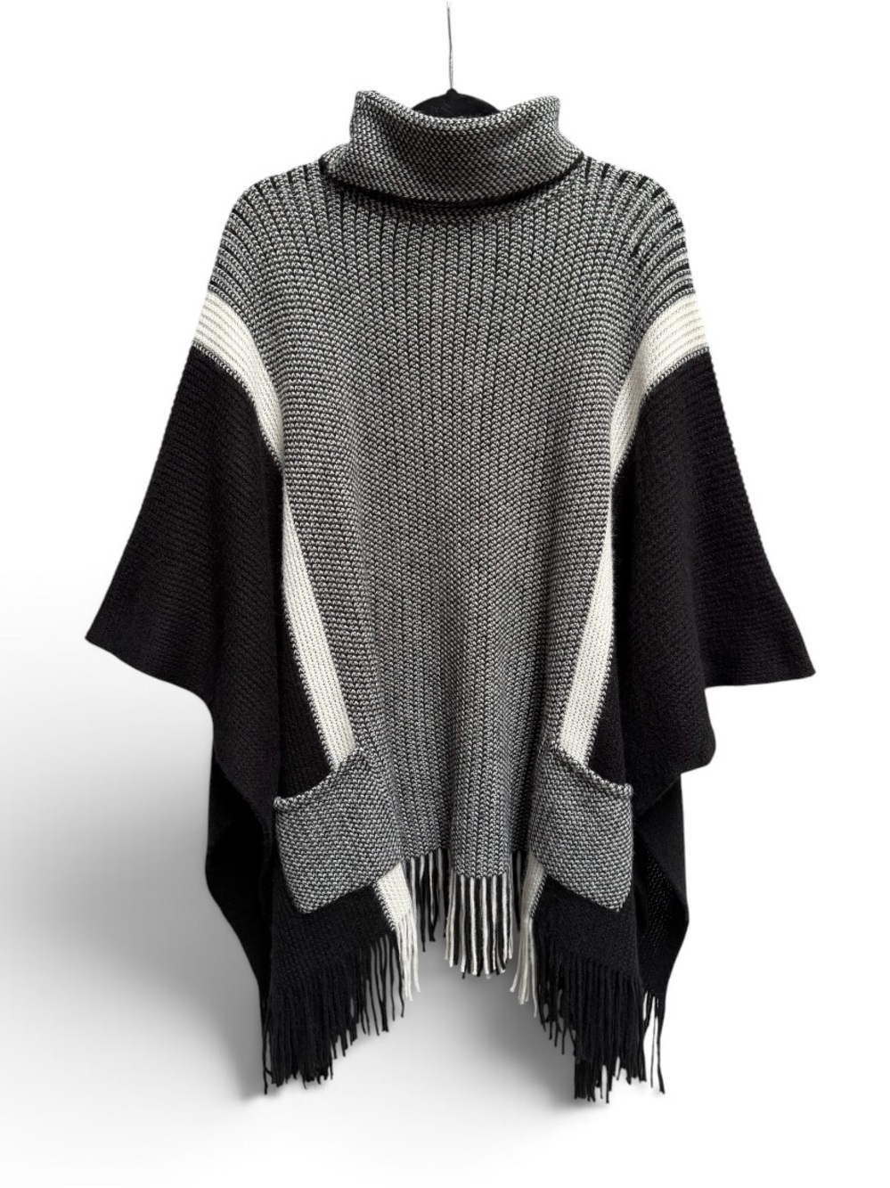 Fringe Poncho Knit Sweater Black & White Colorblock Charlie Paige One Size